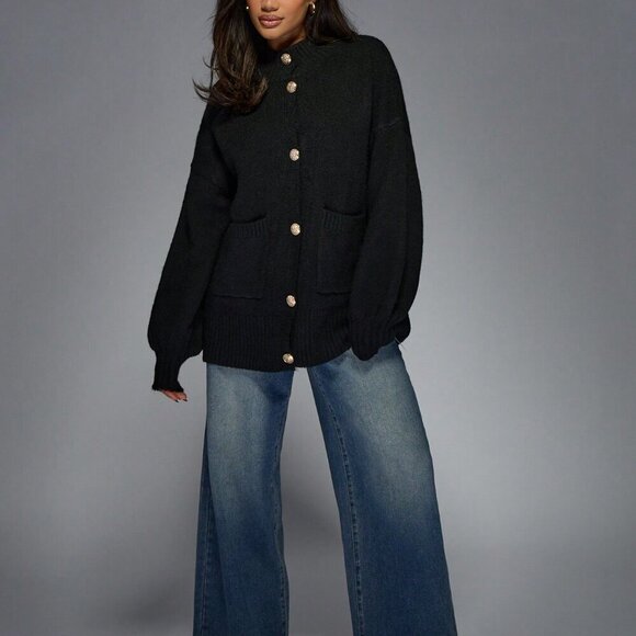 Black Casual Women's Knitted Button Drop Shoulder Long Sleeves Cardigan - Picture 6 of 6